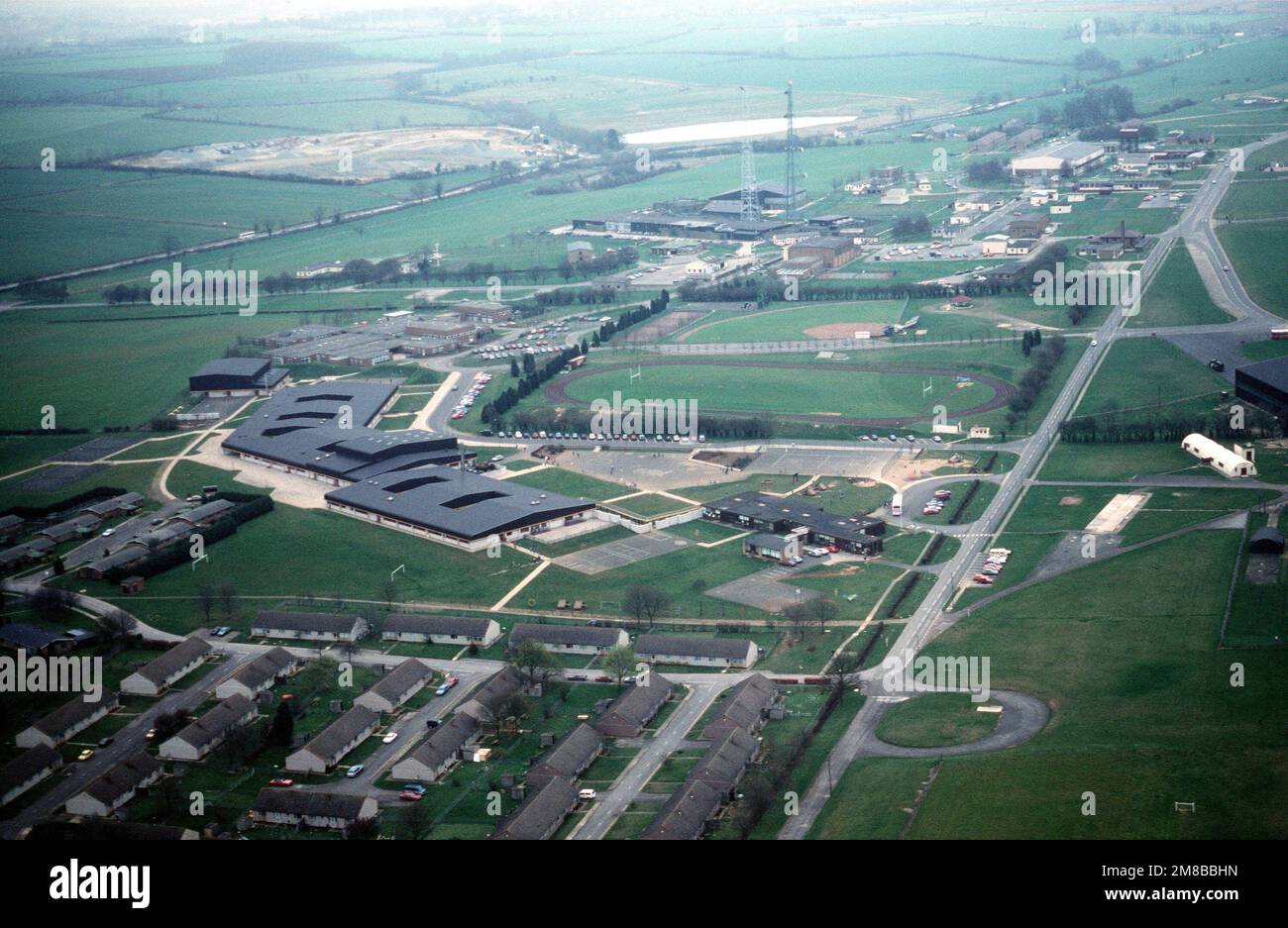 An aerial view of a portion of the base. The 2130th Information Systems Squadron, Air Force Communications Command (AFCC), operates a node of the Defense Communications System at Croughton. Base: Raf Croughton Country: England / Great Britain (ENG) Stock Photo