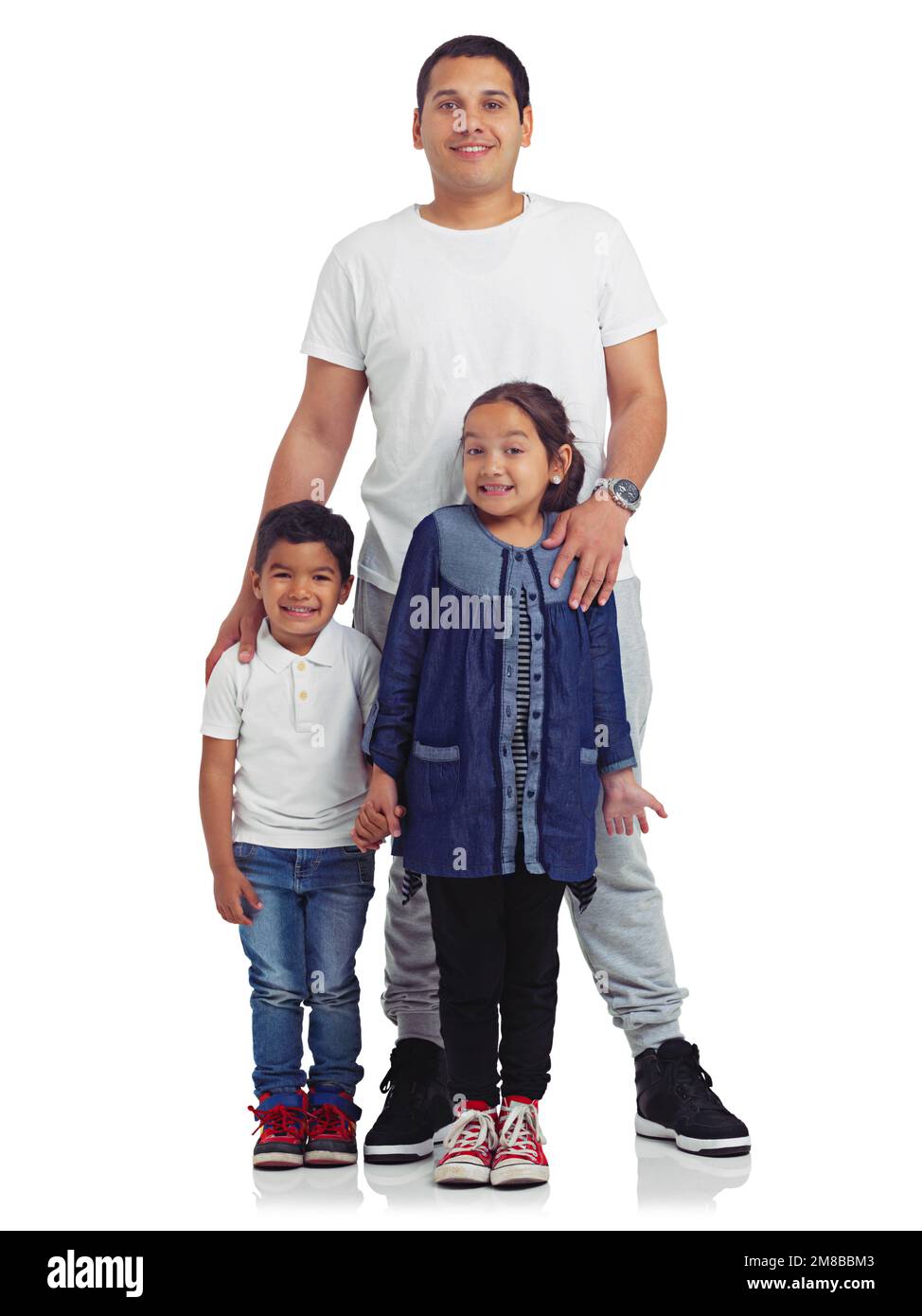 Family, happy portrait and children with their father in studio for happiness, love and care. Smile of a man and kids isolated on a white background Stock Photo
