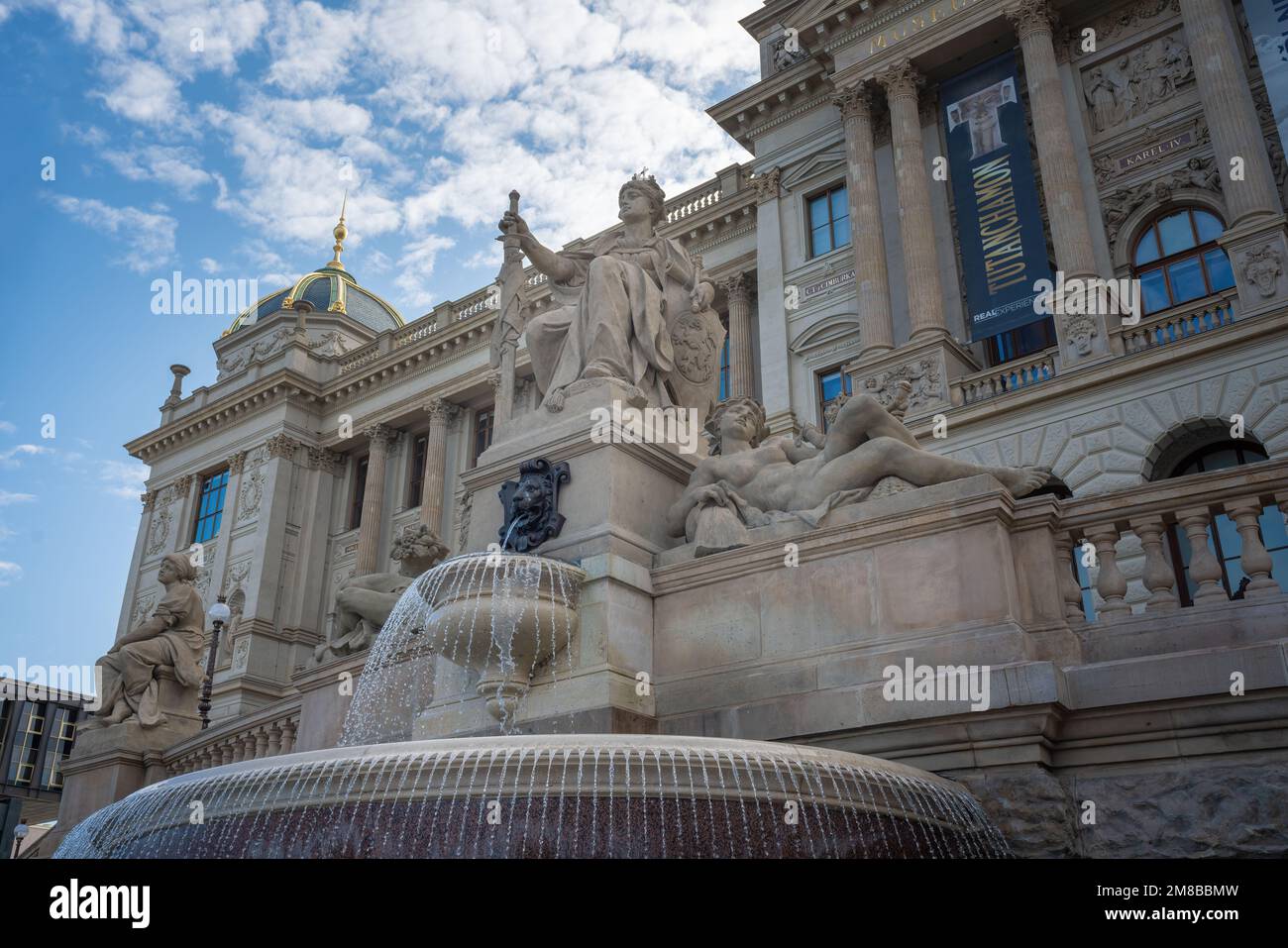 Wenceslas Fountain at Wenceslas Square in front of National Museum - Prague, Czech Republic Stock Photo