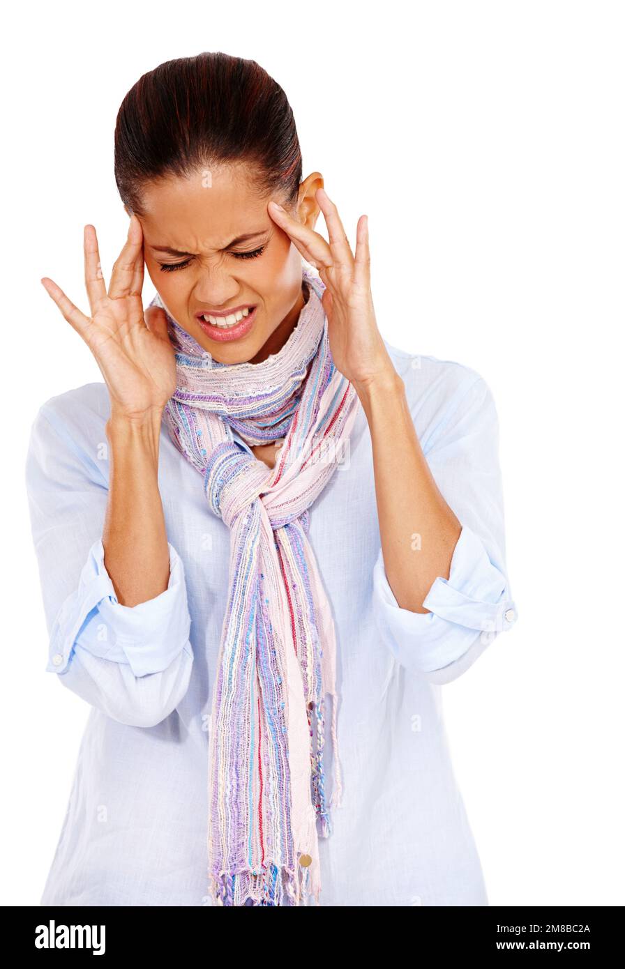 Woman, headache and stress or pain while frustrated with anxiety