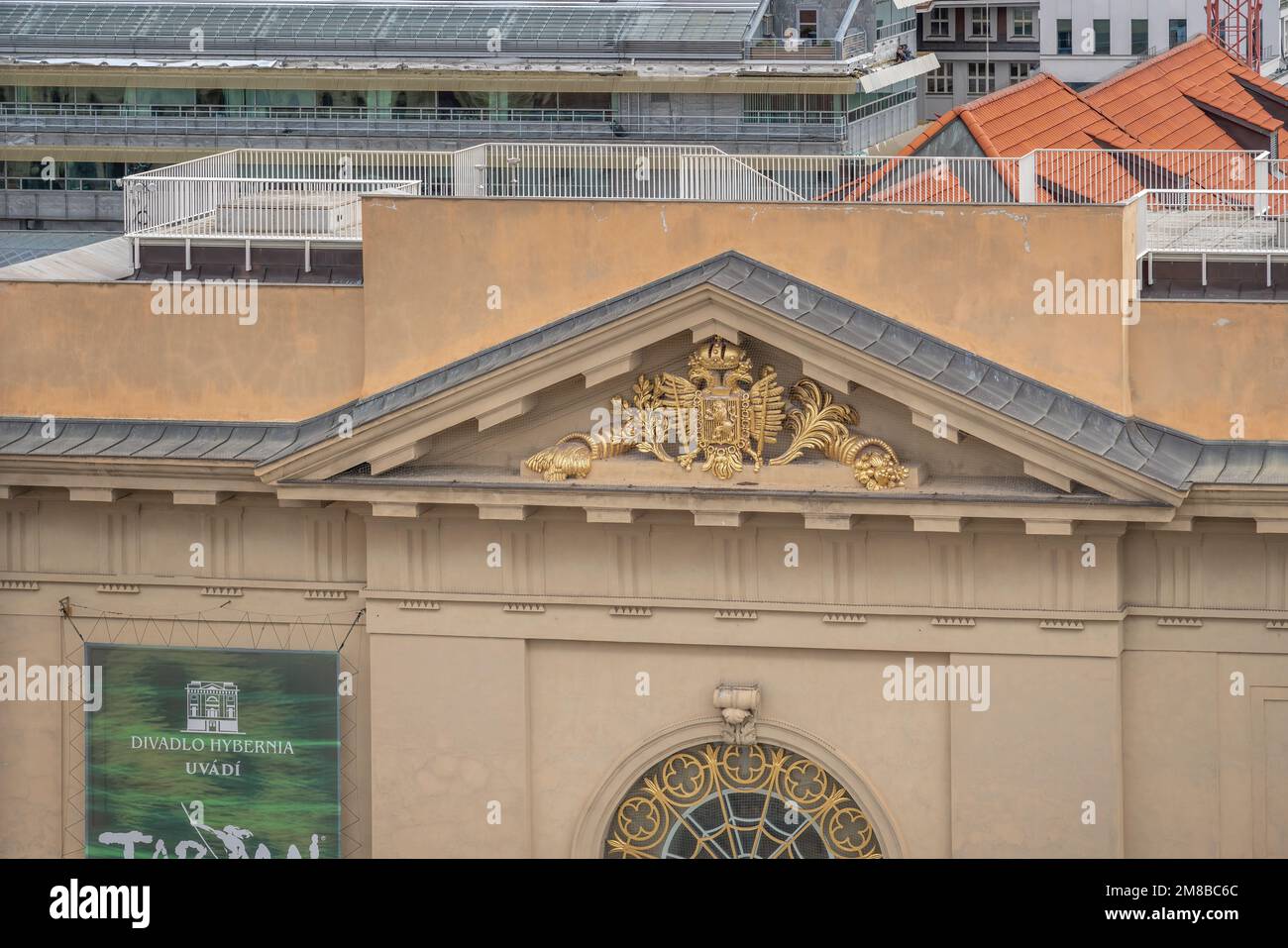 Hybernia Theatre detail at Republic Square (Namesti Republiky) - Prague, Czech Republic Stock Photo