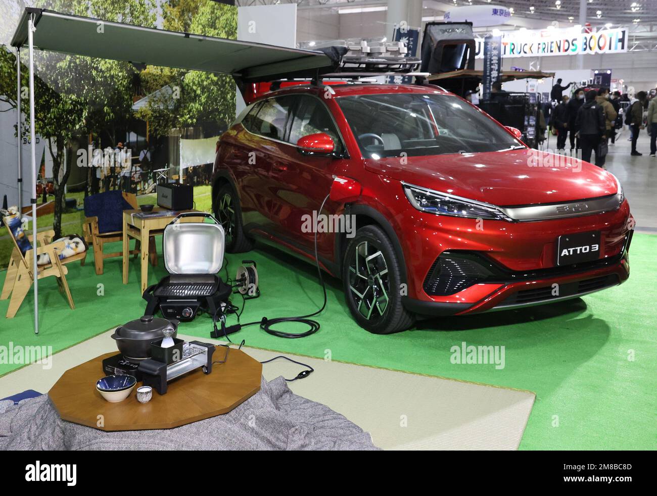 Chiba, Japan. 13th Jan, 2023. Chinese electric vehicle maker BYD displays an electric vehicle 'ATTO 3' which will go on sale at Japanese market from end of this month an annual custom car show 'Tokyo Auto Salon' in Chiba, suburban Tokyo on Friday, January 13, 2023. Credit: Yoshio Tsunoda/AFLO/Alamy Live News Stock Photo