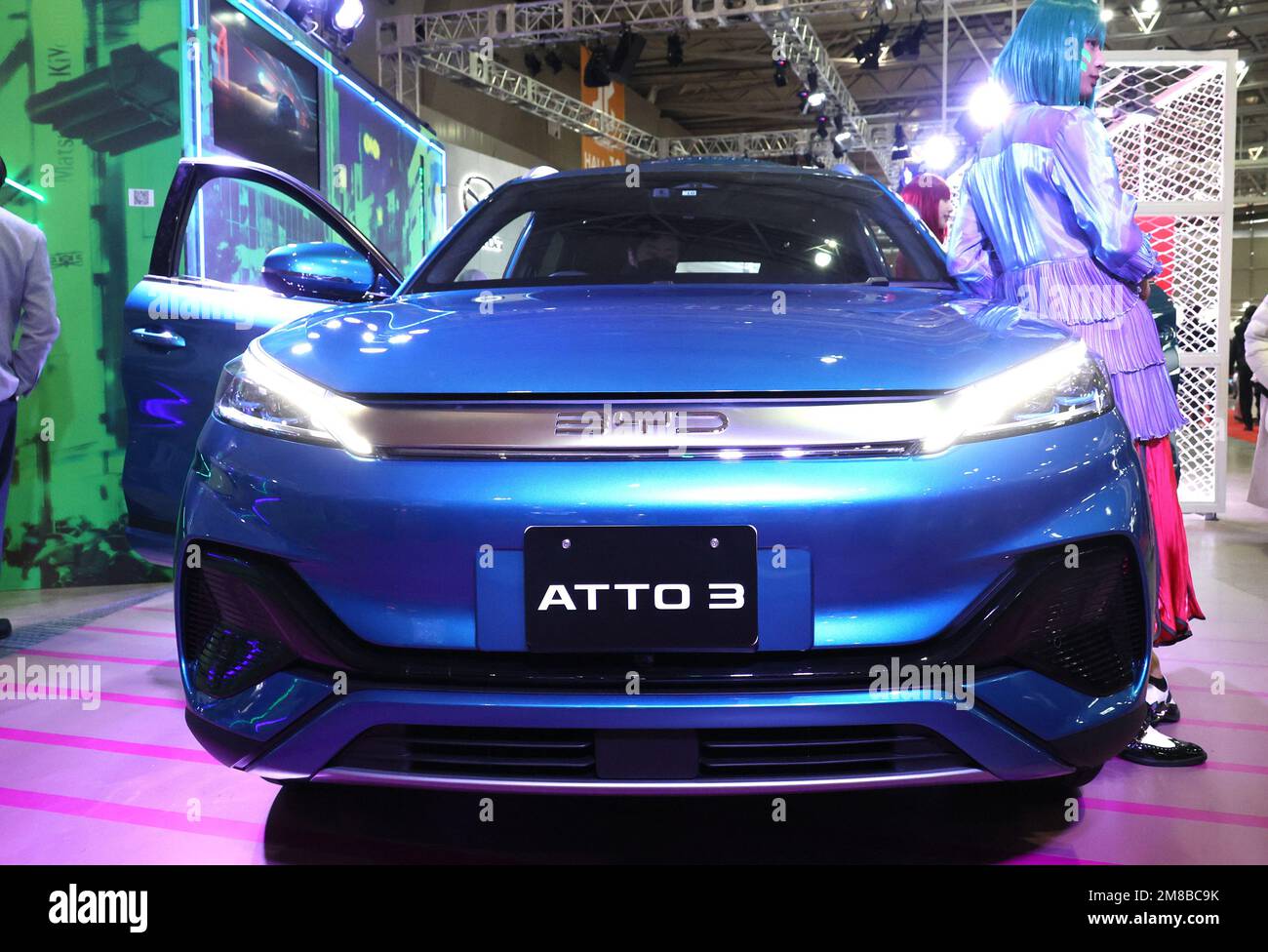 Chiba, Japan. 13th Jan, 2023. Chinese electric vehicle maker BYD displays an electric vehicle 'ATTO 3' which will go on sale at Japanese market from end of this month an annual custom car show 'Tokyo Auto Salon' in Chiba, suburban Tokyo on Friday, January 13, 2023. Credit: Yoshio Tsunoda/AFLO/Alamy Live News Stock Photo