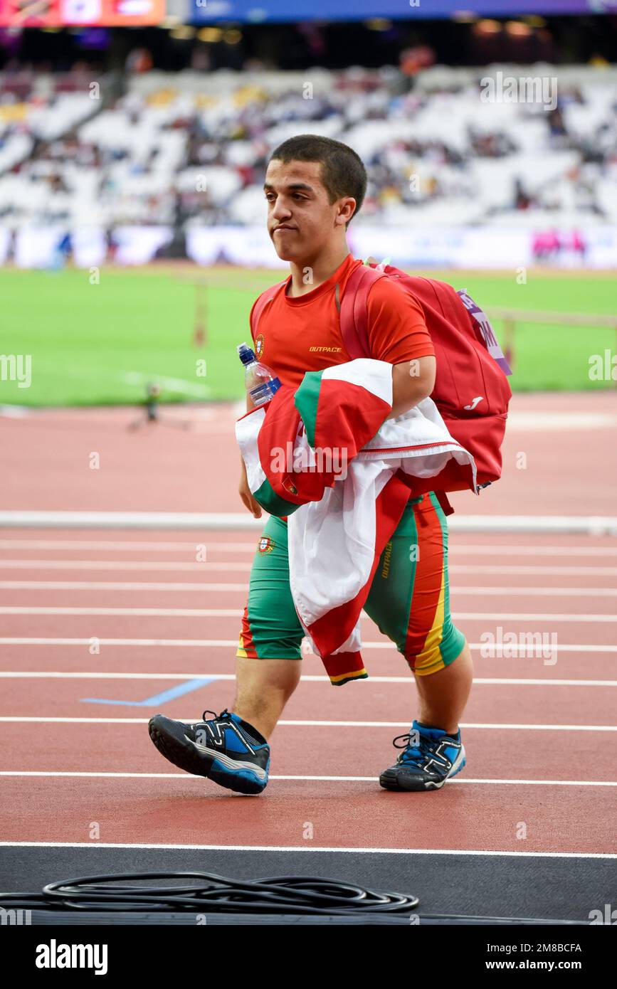 Miguel Monteiro after competing in the shot put F40 class in the 2017 World Para Athletics Championships in the London Stadium, UK. Portuguese athlete Stock Photo