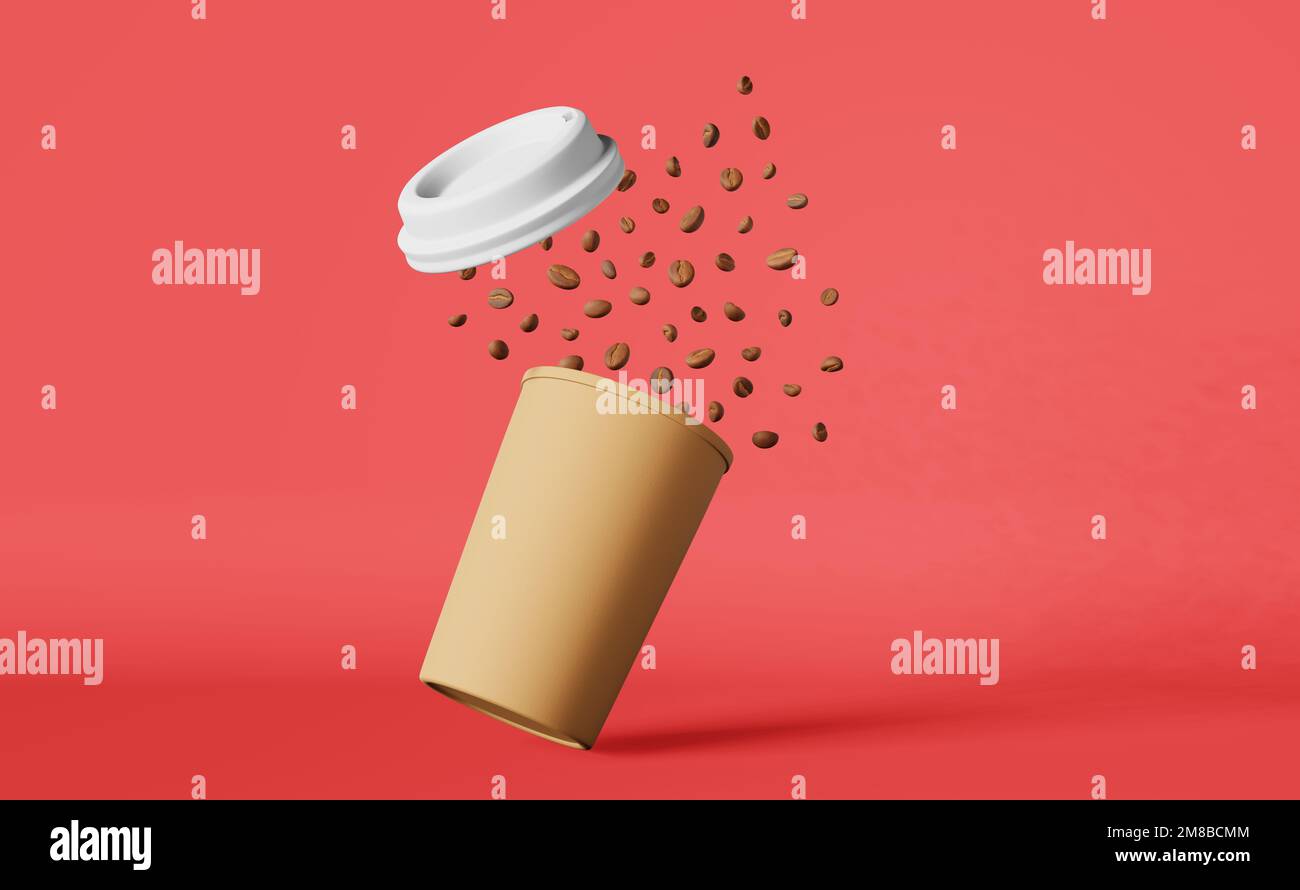 Floating paper coffee cup white lid flying beans explosion 3D rendering ...
