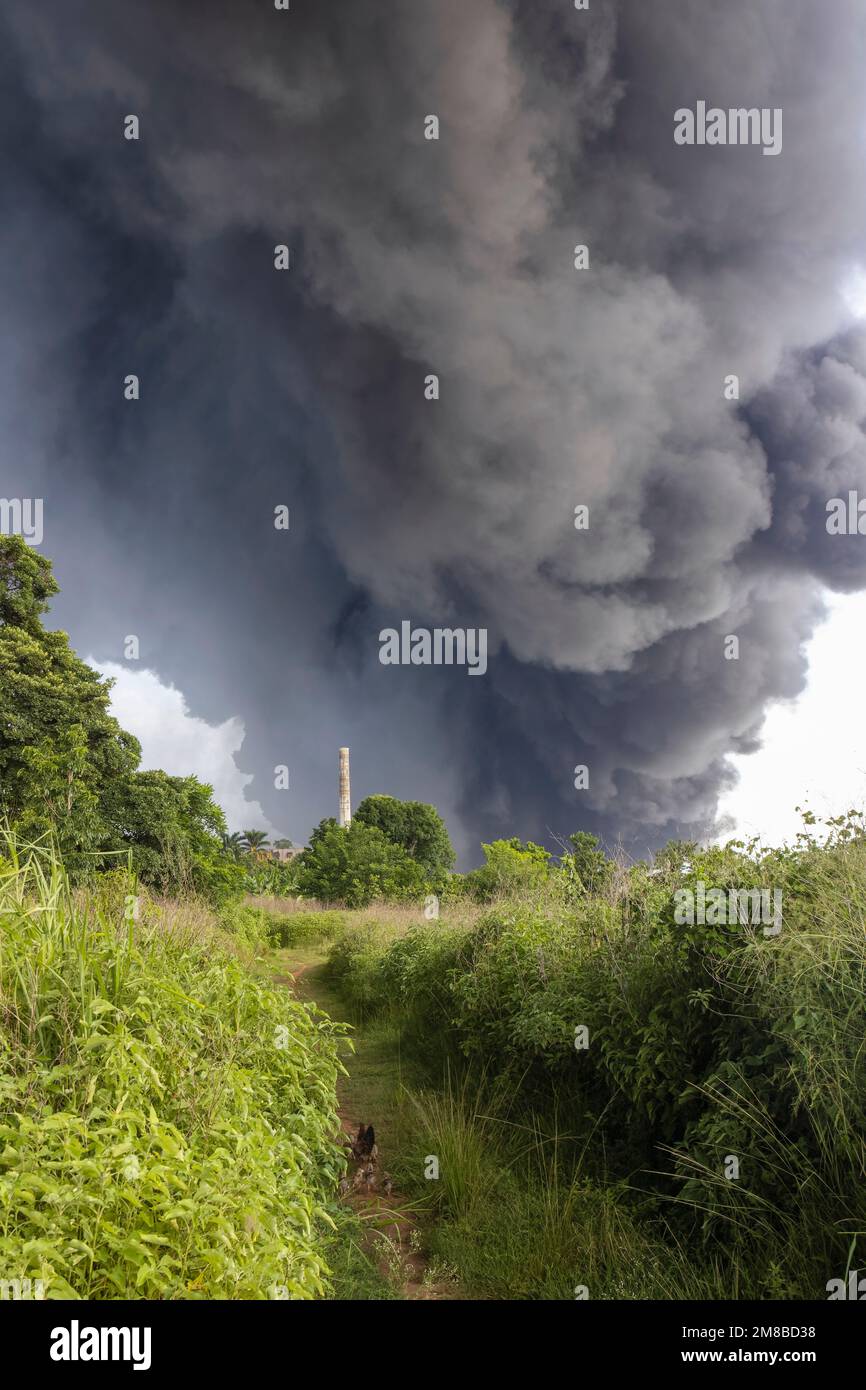 A view of the smoke curtain of the explosion of fuel tanks at the