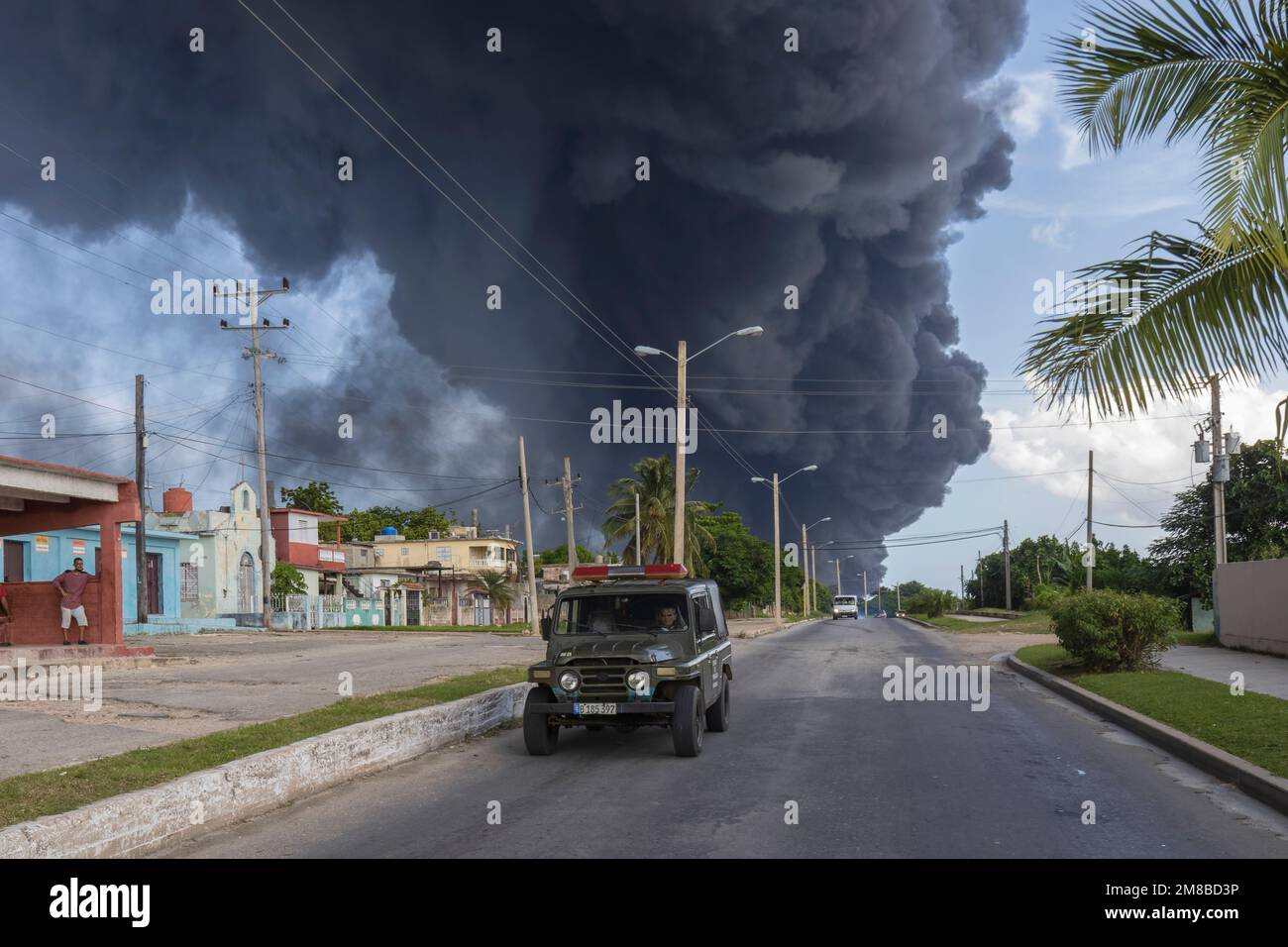 A view of the smoke curtain of the explosion of fuel tanks at the