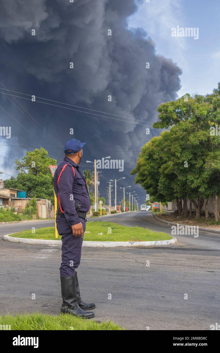 A view of the smoke curtain of the explosion of fuel tanks at the
