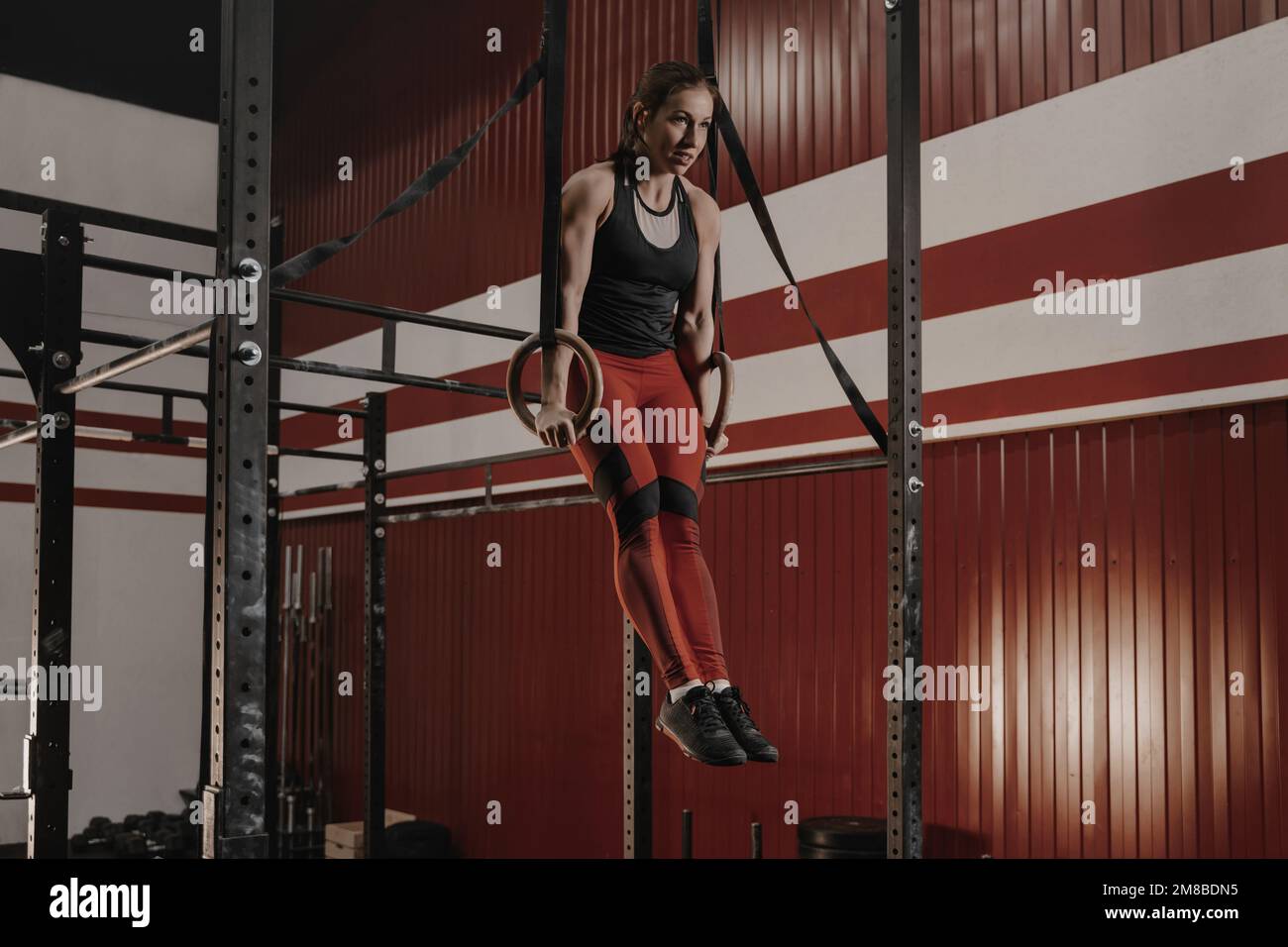Strong female athlete practicing calisthenics, doing ring dips. Crossfit woman working out on gymnastic rings at the gym. Stock Photo