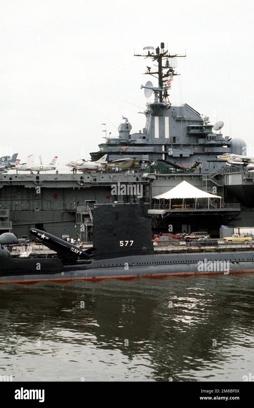 The guided missile submarine exUSS GROWLER (SSG 577) is moored