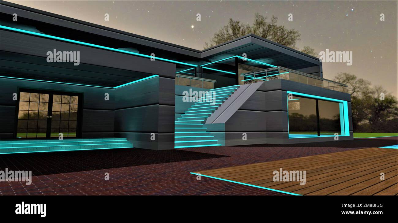 Attractive turquoise illumination of the staircase and design elements ...
