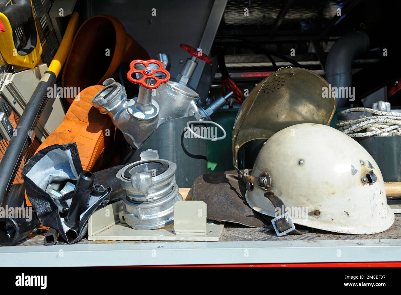 Part of equipment of a firetruck hoses, valves, syringe of a water