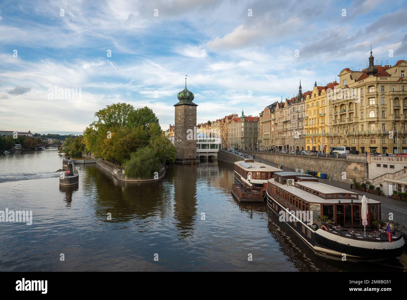 Vltava River view with Sitkov Water Tower - Prague, Czech Republic Stock Photo