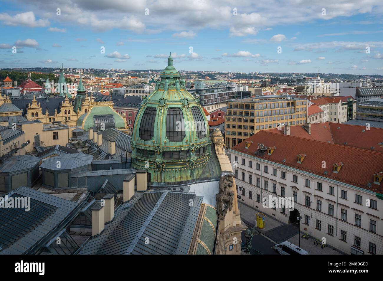 Aerial view of Republic Square (Namesti Republiky) with Municipal House dome - Prague, Czech Republic Stock Photo