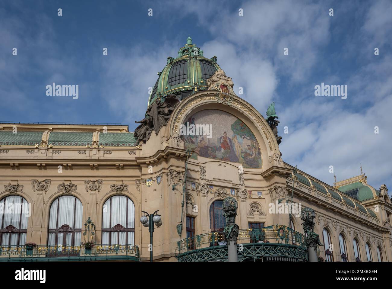 Municipal House civic building and Smetana Concert Hall Facade at Republic Square (Namesti Republiky) - Prague, Czech Republic Stock Photo