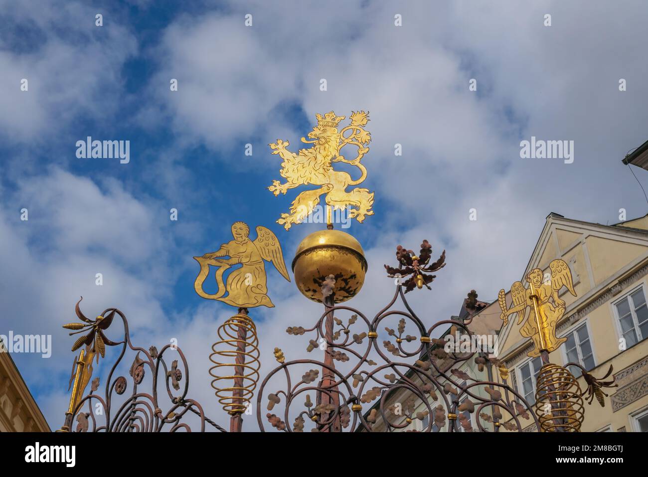 Golden Lion Detail of Medieval Well and Fountain at Male Namesti Square - Prague, Czech Republic Stock Photo