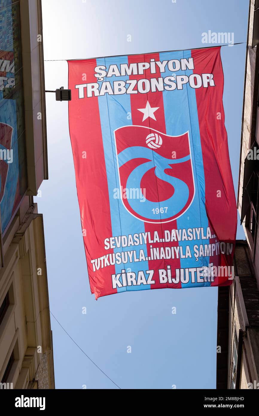 Trabzonspor Football Team flag celebrating winning the Turkish Super League title in 2022 - Istanbul, Turkey Stock Photo