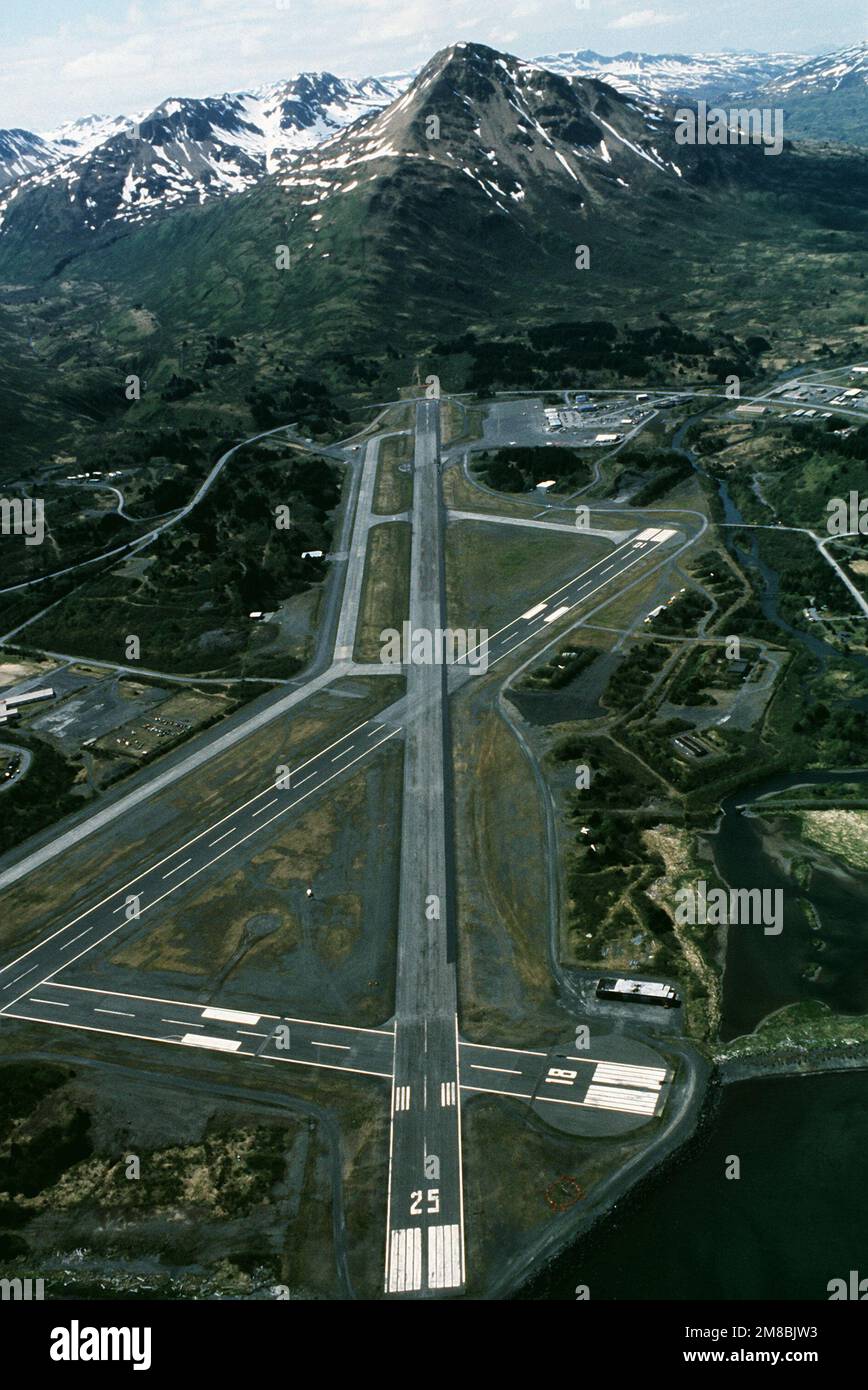 An aerial view of an airfield and Barometer Mountain. Base Kodiak