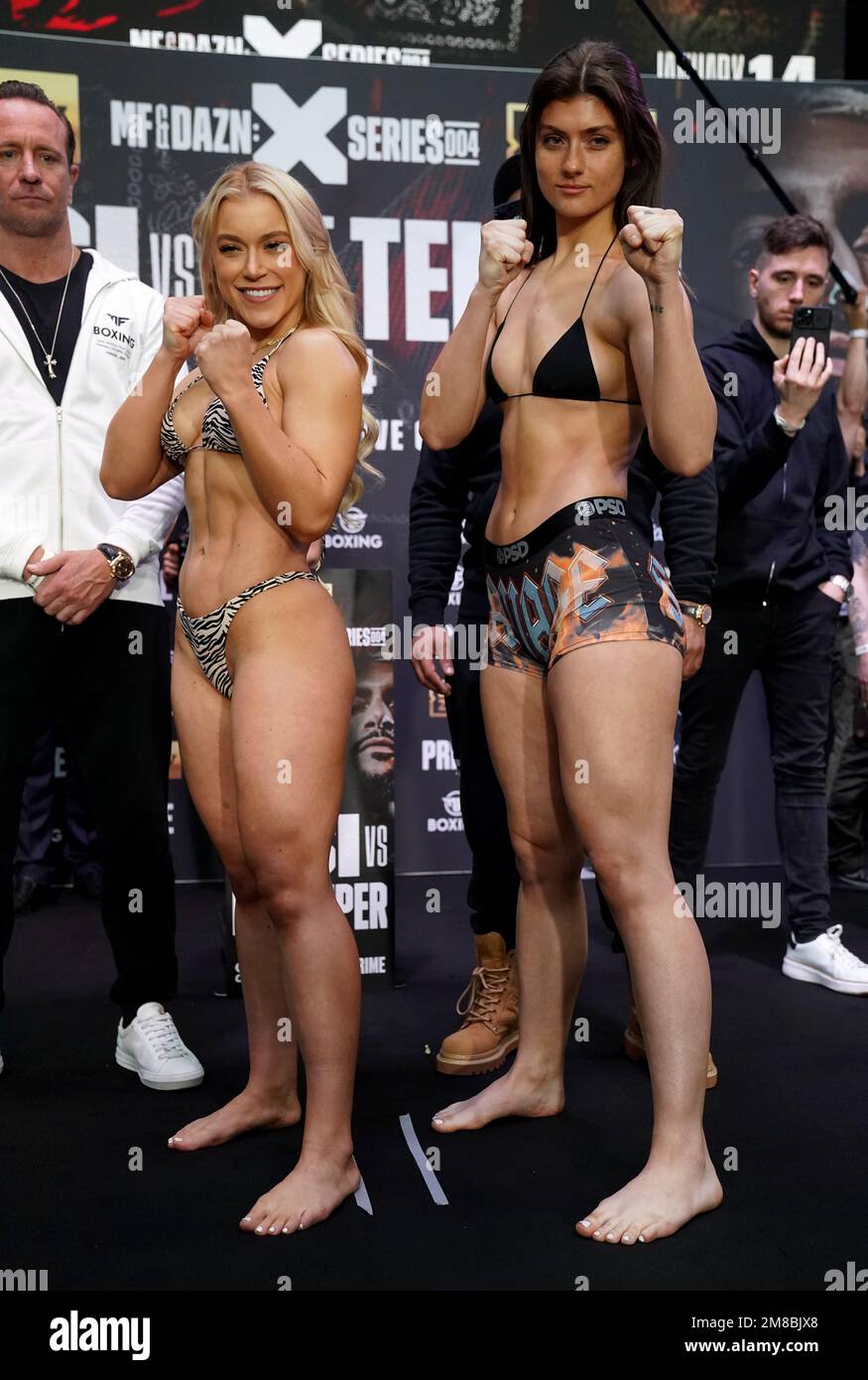 Elle Brooke (left) and Faith Ordway during the weigh-in at BOXPARK Wembley,  London. Picture date: Friday January 13, 2023 Stock Photo - Alamy