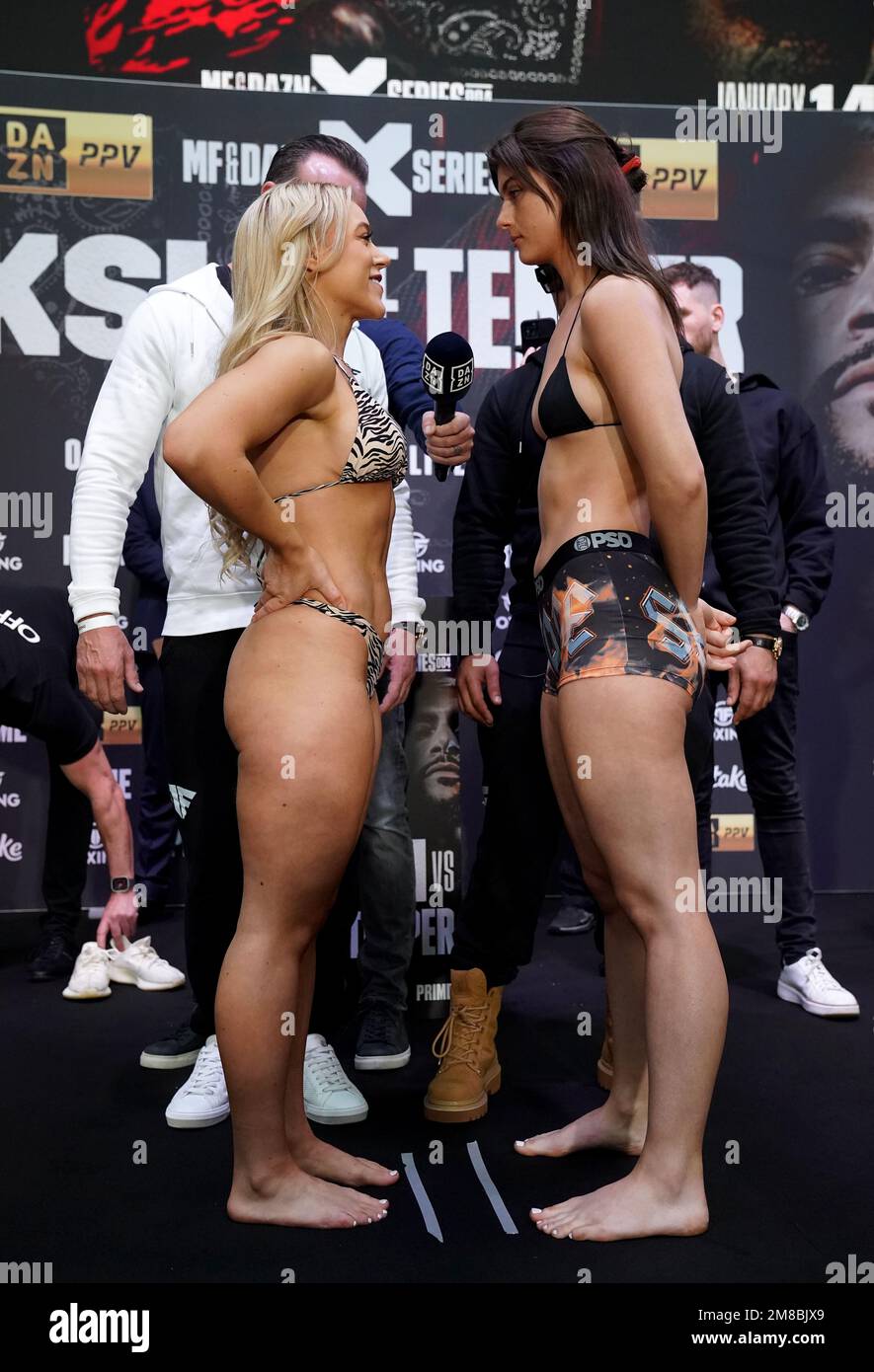 Elle Brooke (left) and Faith Ordway during the weigh-in at BOXPARK Wembley,  London. Picture date: Friday January 13, 2023 Stock Photo - Alamy