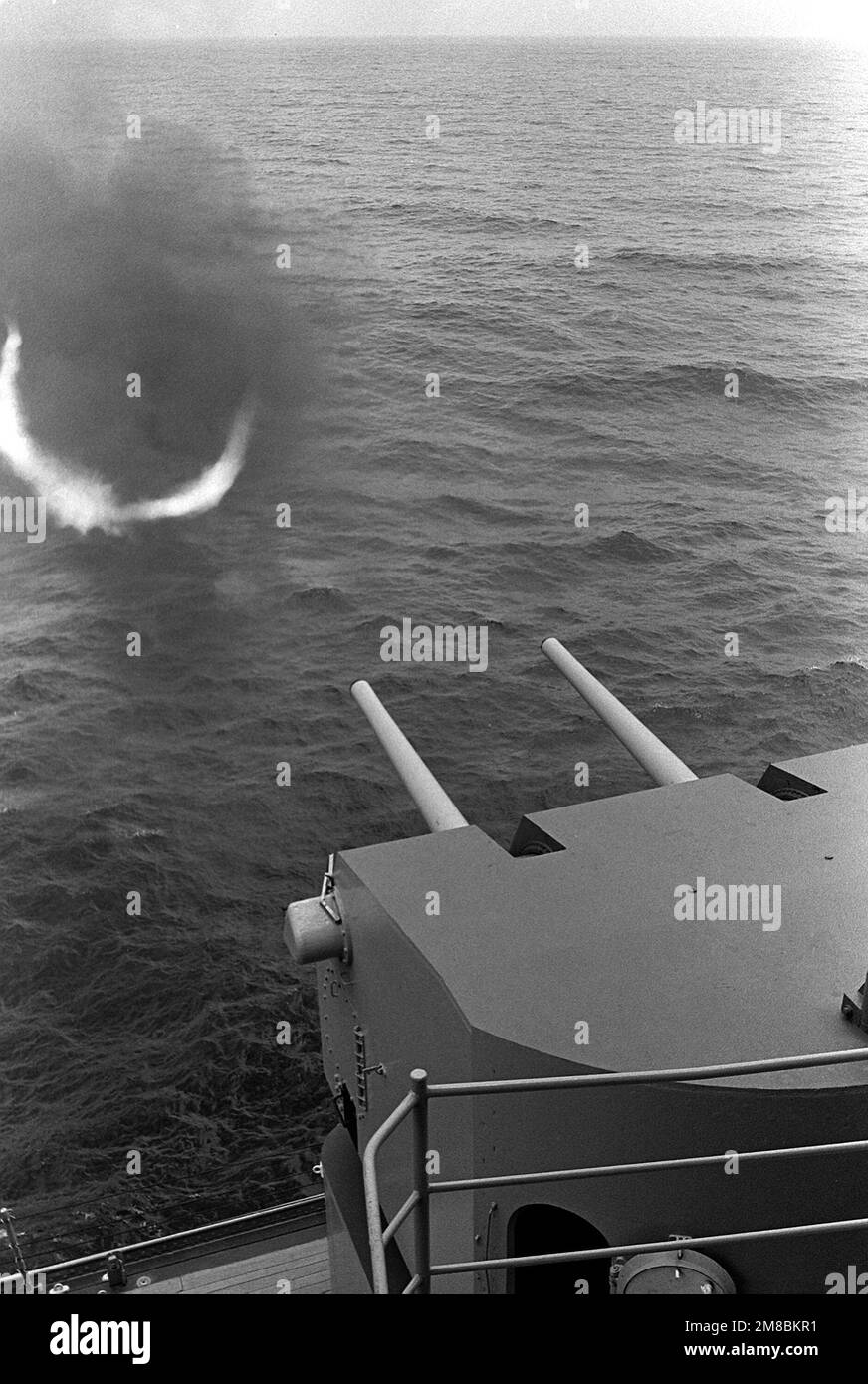 The Mark 28 5inch/38caliber guns are fired aboard the battleship USS MISSOURI (BB63) during a