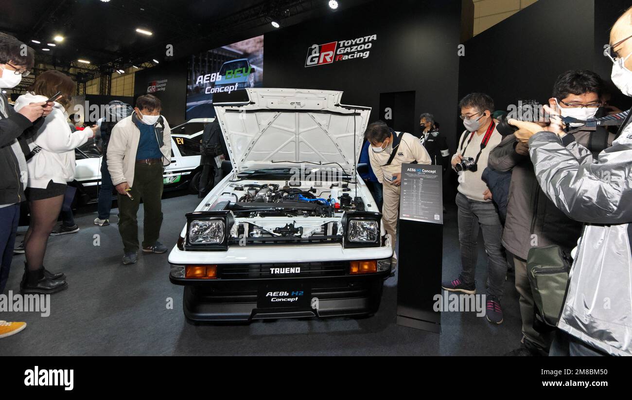 Chiba, Japan. 13th Jan, 2023. TOYOTA's Hydrogen engine vehicle 'AE86 Trueno H2 concept' displayed during the 'Tokyo Auto Salon 2023' at Makuhari messe in Chiba-Prefecture, Japan on Friday, January 13, 2023. Photo by Keizo Mori/UPI Credit: UPI/Alamy Live News Stock Photo