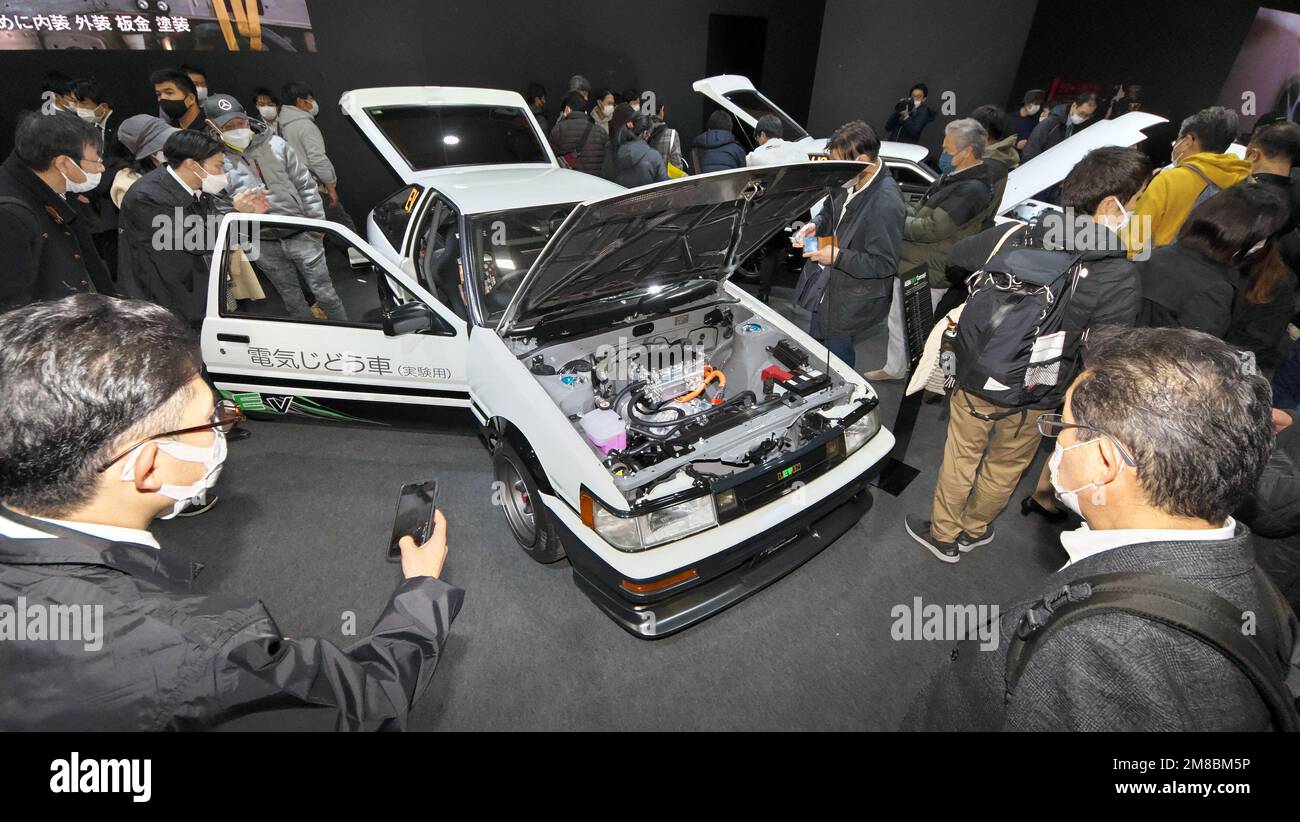 Chiba, Japan. 13th Jan, 2023. TOYOTA's electric vehicle 'AE86 Corolla Levin concept' displayed during the 'Tokyo Auto Salon 2023' at Makuhari messe in Chiba-Prefecture, Japan on Friday, January 13, 2023. Photo by Keizo Mori/UPI Credit: UPI/Alamy Live News Stock Photo