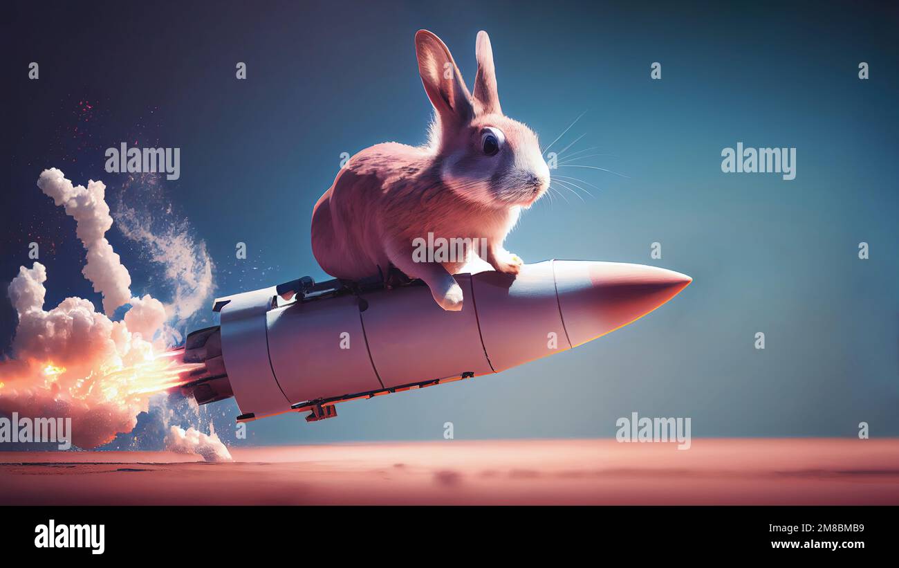 bunny rabbit riding on a rocket ship - generative AI Stock Photo
