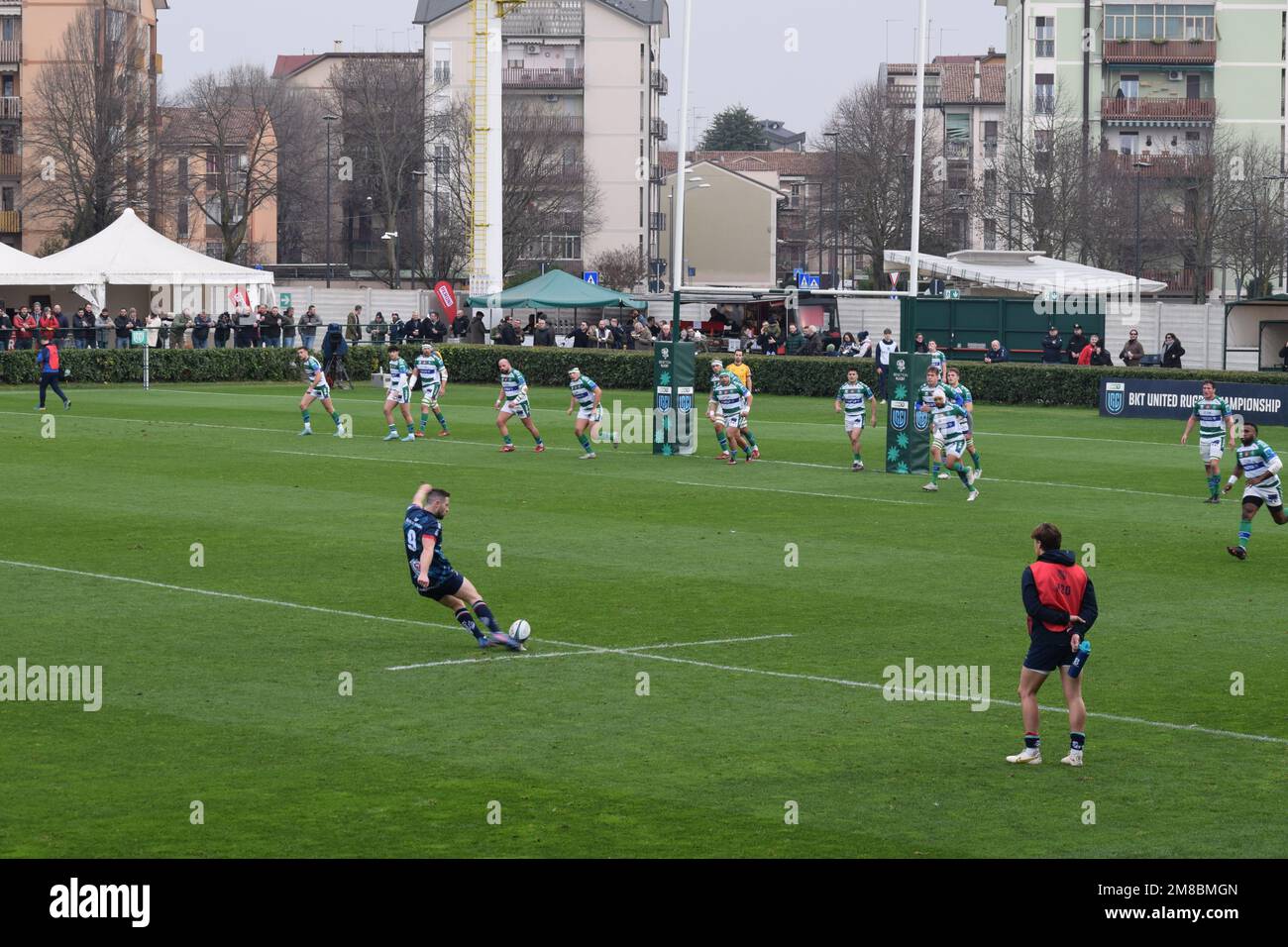 John Conney, Ulster Rugby, prepares to kick for goal during a match against Benetton rugby. The match was played in Treviso, Italy in January 2023 Stock Photo