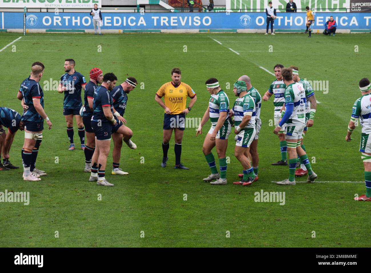 Preparing for the scrum. This was a match between Benetton rugby and Ulster rugby, played in Treviso, Italy in January 2023. Stock Photo