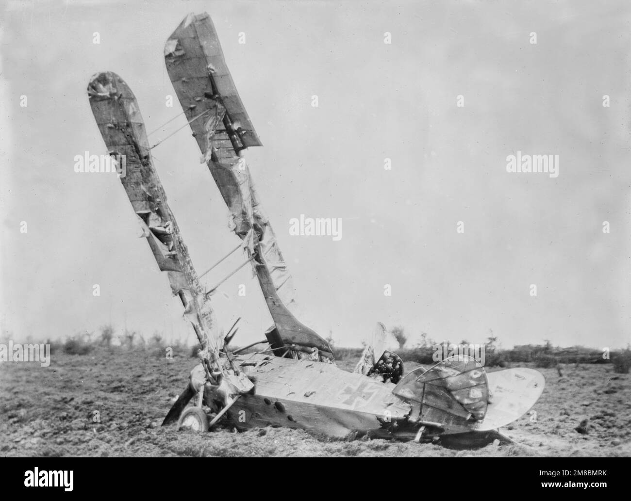Vintage photo circa 1917 of a German aircraft crashed on the Western Front in France during world war one Stock Photo