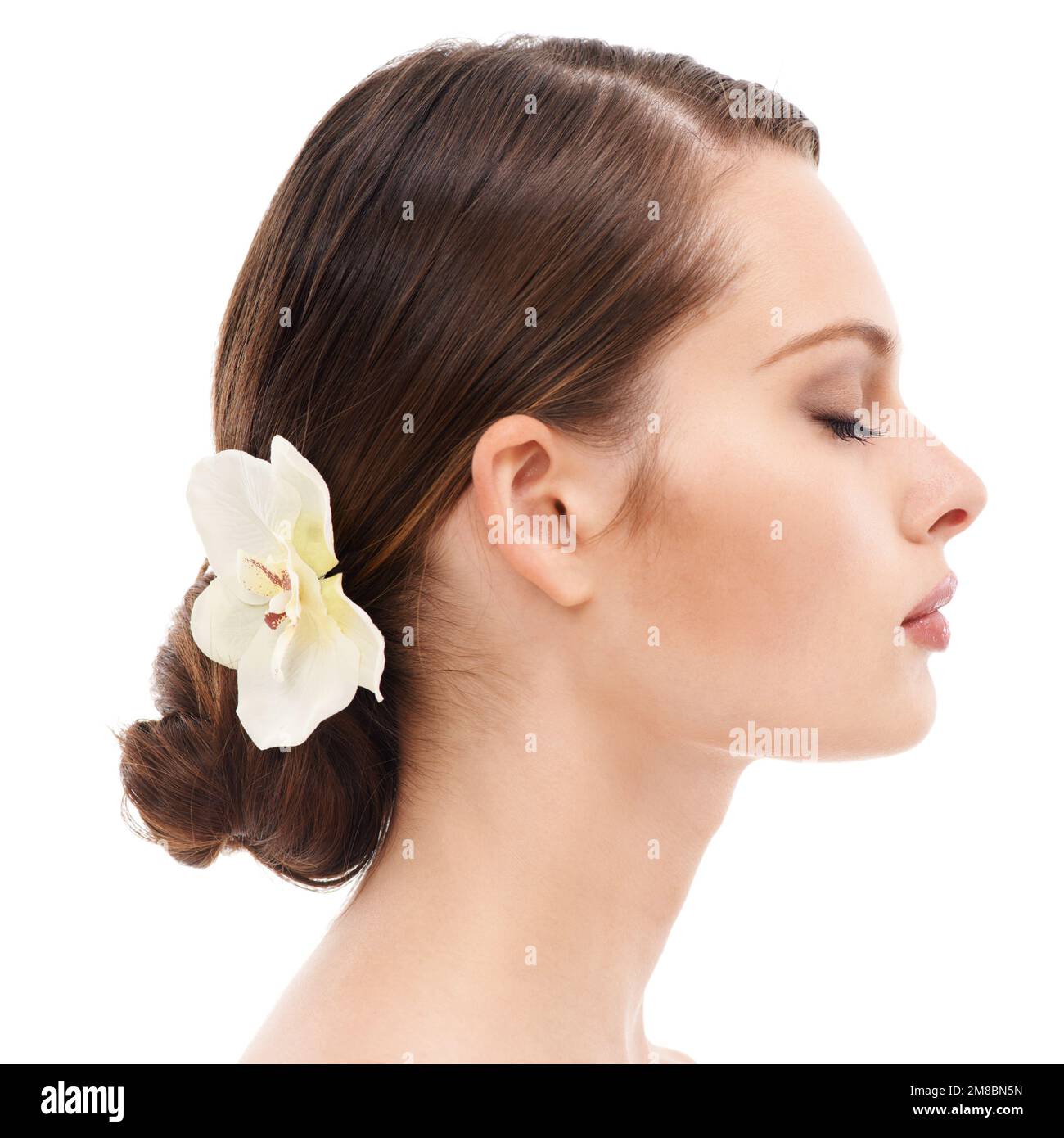 Woman face, profile or beauty skincare and orchid flower, makeup cosmetics  or dermatology healthcare wellness. Zoom, model or facial glow with plant  Stock Photo - Alamy