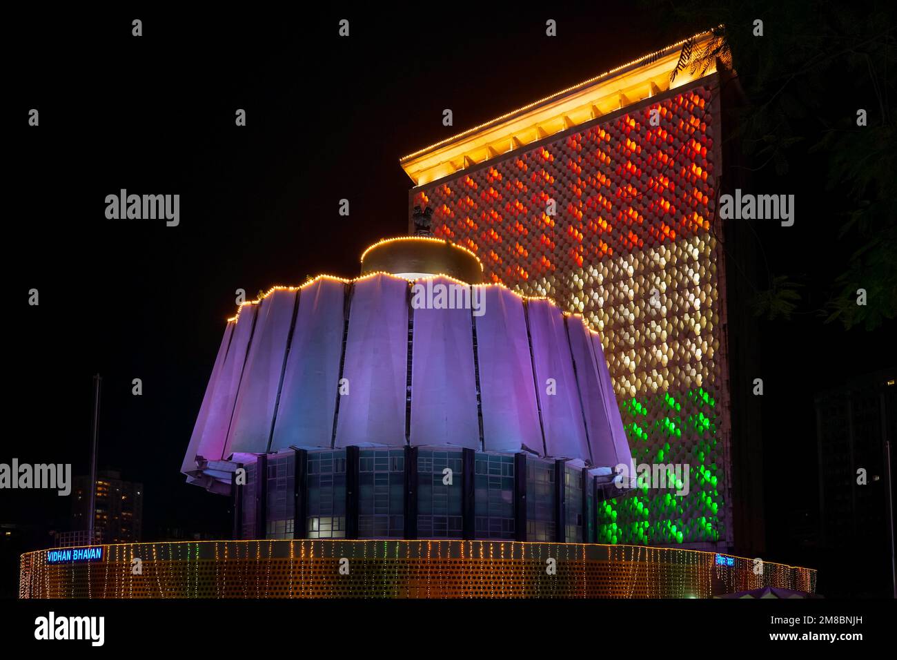 Iconic Buildings Legislative Assembly The Vidhan Sabha or Vidhan Bhavan Lighting elumination of Indian Tricolor on Republic Day Mumbai Stock Photo