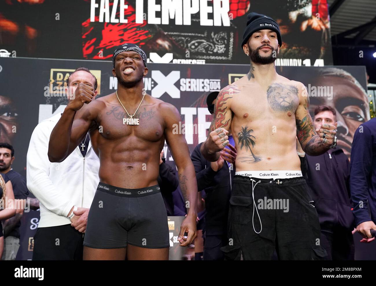 KSI (left) and FaZe Temperrr during the weigh-in at BOXPARK Wembley, London