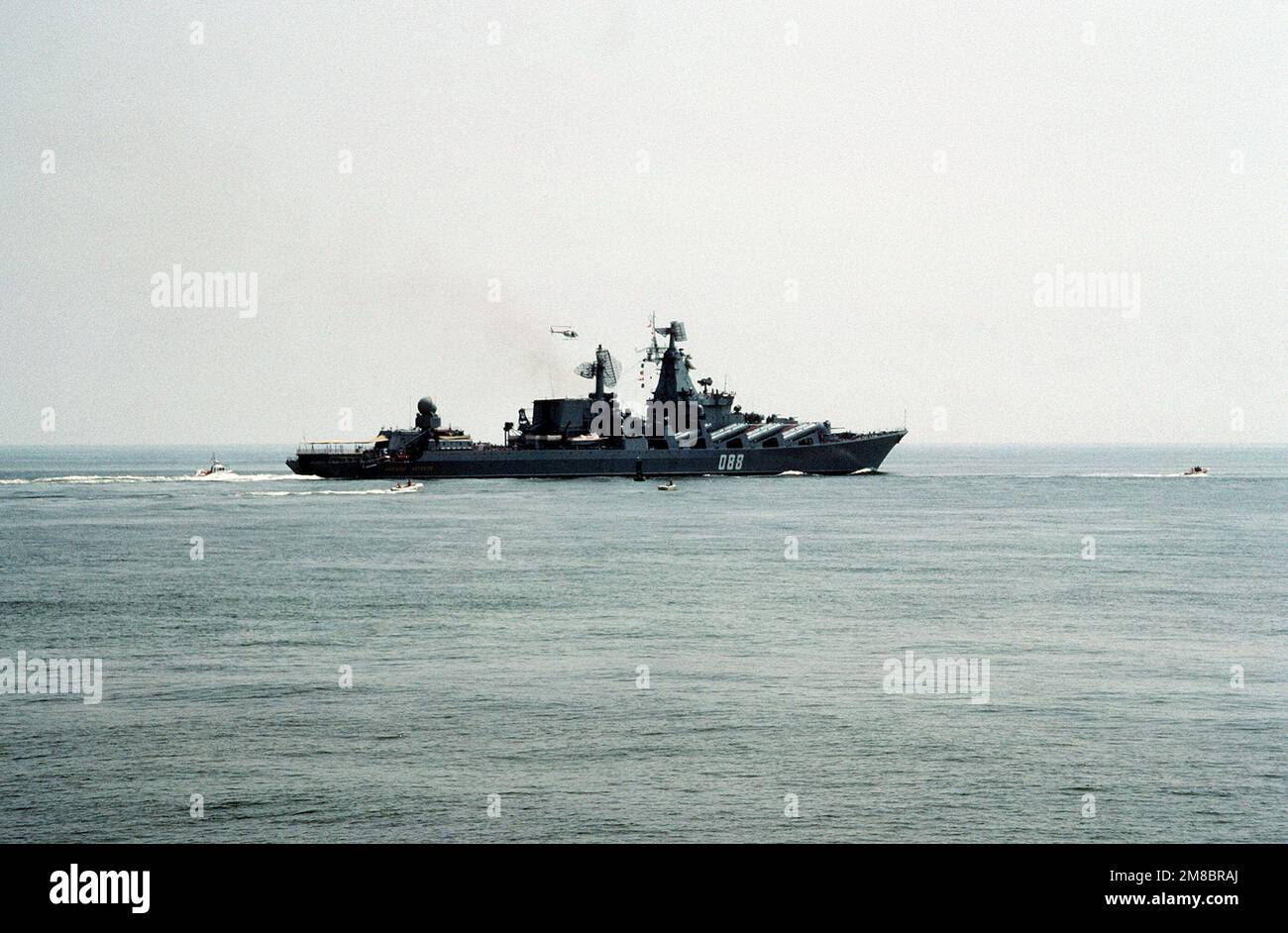 A starboard view of the Soviet Slava Class guided missile cruiser