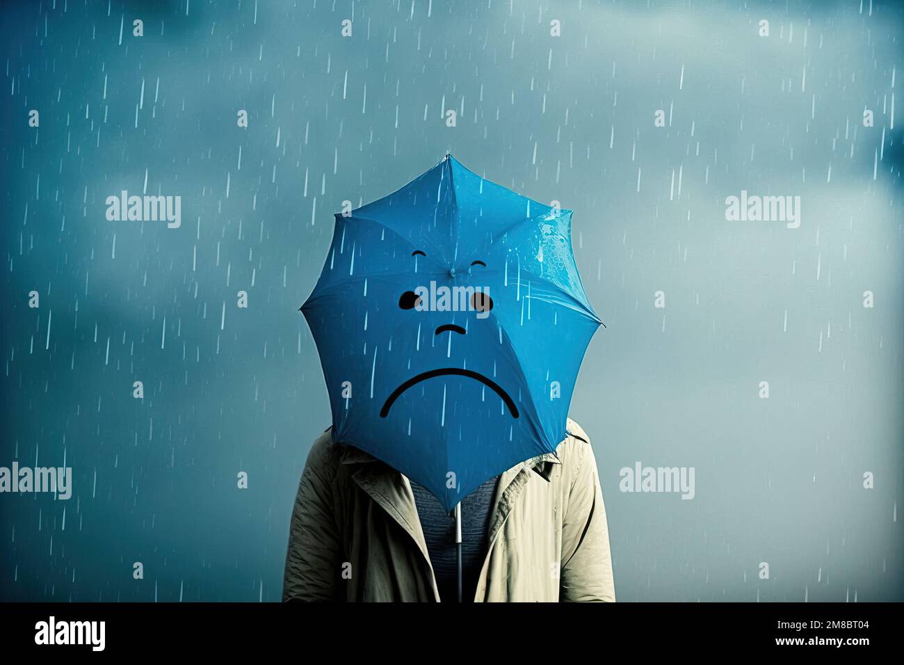 sad person standing in the rain on blue monday, the most depressing day of the year - generative AI Stock Photo