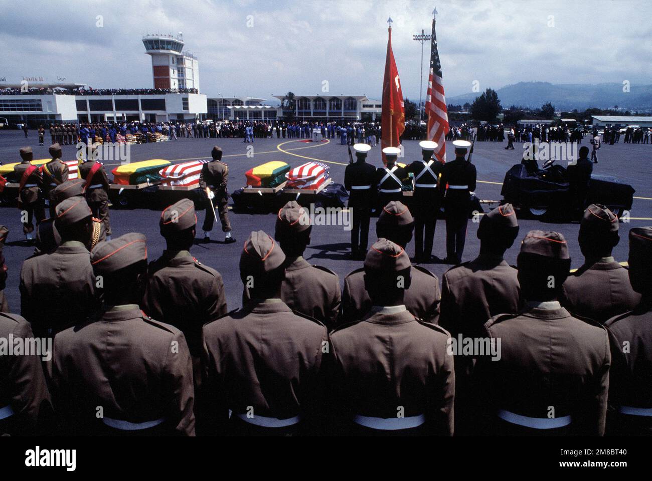 Ethiopian soldiers stand in formation during a ceremony at Bole Airport honoring Texas Rep. George T. (Mickey) Leland and other victims of an aircraft crash. Nine Americans and seven Ethiopian passengers were killed in the crash, which occurred on a remote mountainside in western Ethiopia as the group was traveling to a refugee camp near the Sudanese border. Base: Addis Ababa Country: Ethiopia (ETH) Stock Photo