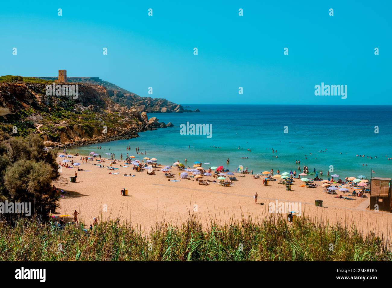 Mellieha, Malta September 5, 2022 A view over Golden Bay beach, in