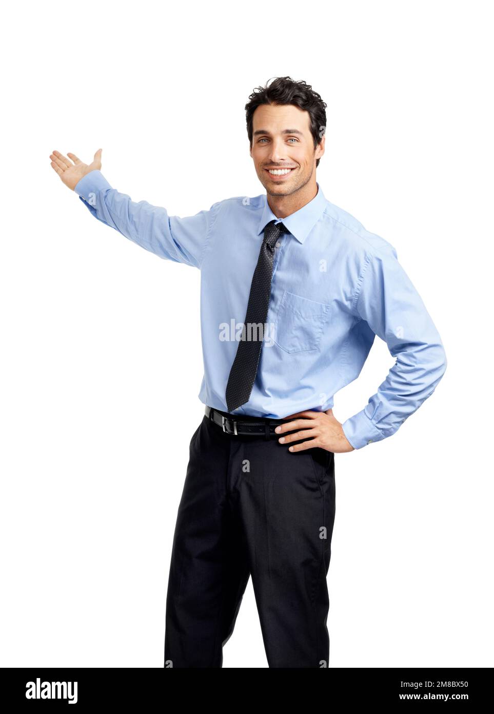 Portrait, business and man with presentation, corporate and speaker isolated on white studio background. Male employee, presenter and entrepreneur Stock Photo