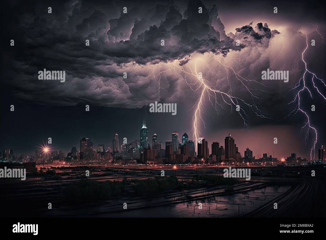 Dark dramatic stormy night sky with lightning bolts over a city created  using Generative AI technology Stock Photo - Alamy