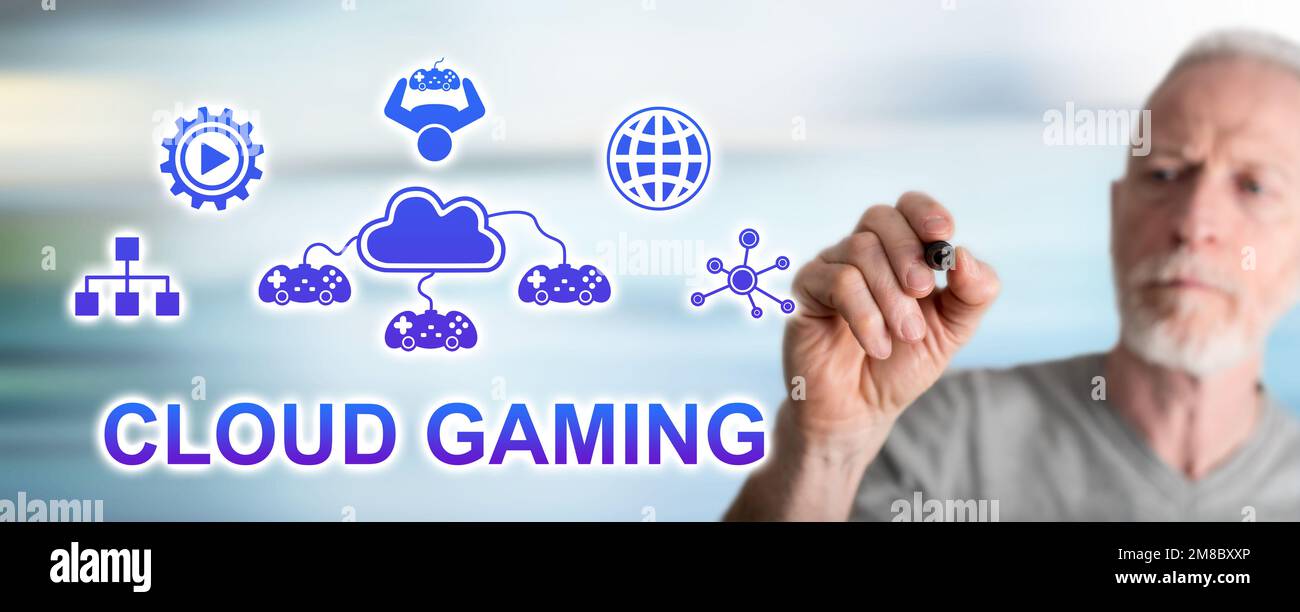 Cloud gaming concept drawn by a man Stock Photo