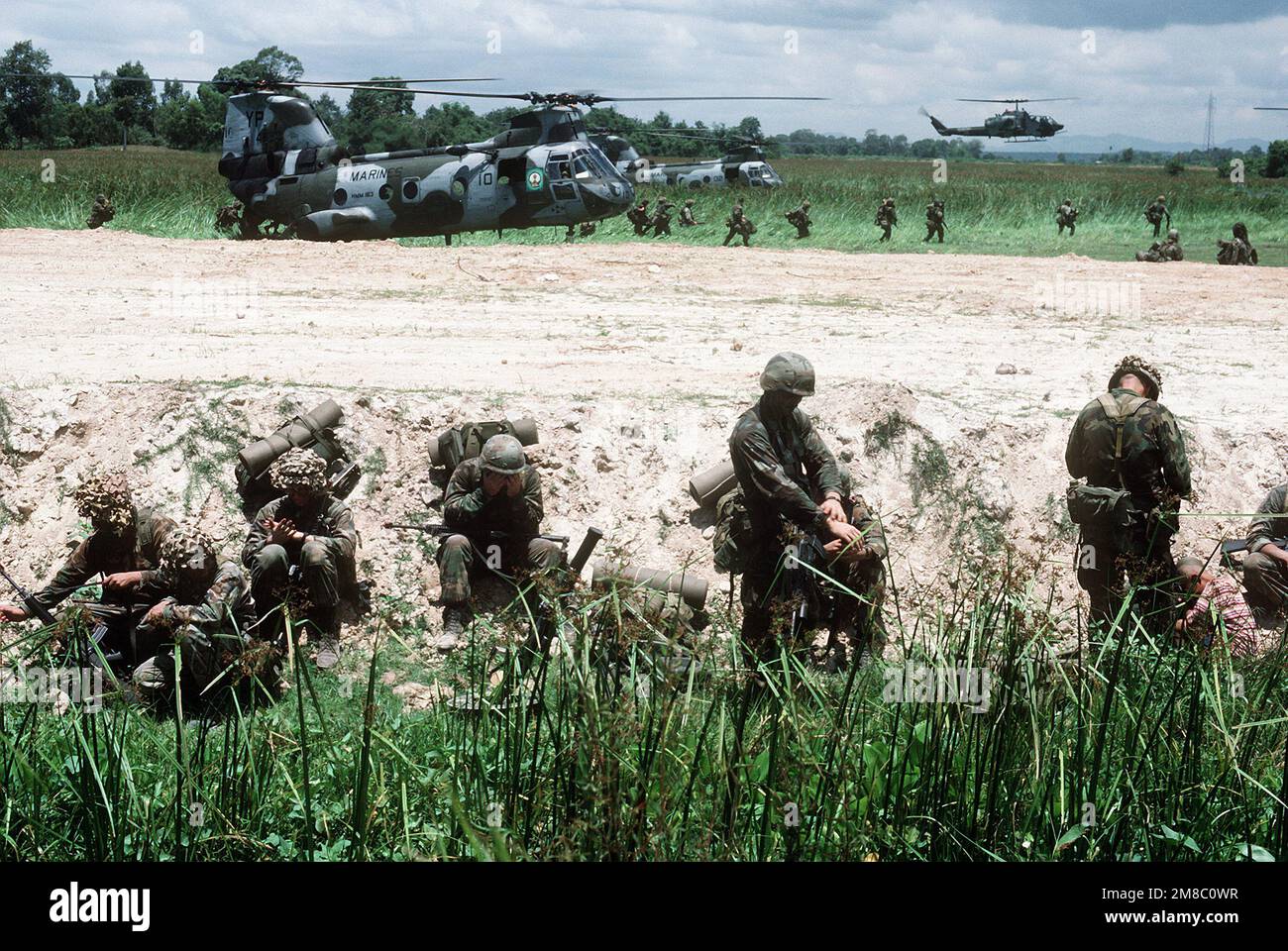 Marines unpack their gear as two CH-46E Sea Knight helicopters of Marine Medium Helicopter Squadron 163 (HMM-163), protected by an AH-1 Sea Cobra helicopter, deploy additional troops into a landing zone during the joint Thai/U.S. Exercise Thalay Thai '89. Subject Operation/Series: THALAY THAI '89 Country: Thailand (THA) Stock Photo