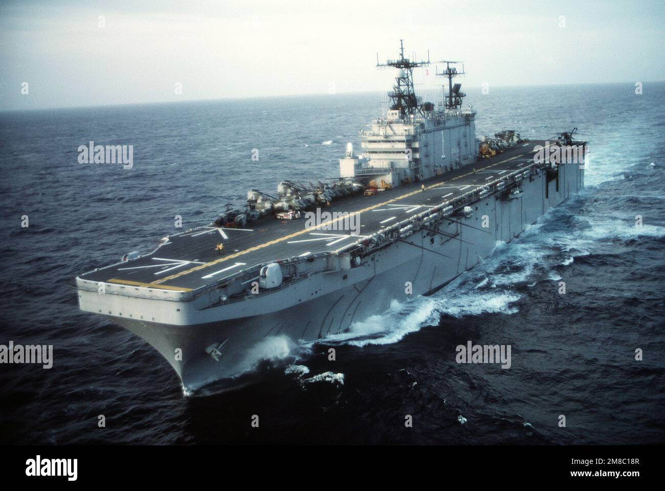A port bow view of the amphibious assault ship USS TARAWA (LHA1) underway during the combined
