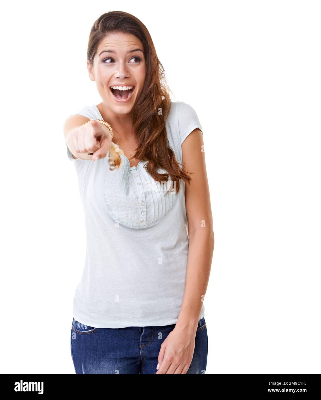 Laugh, bullying and woman pointing in studio isolated on white background for humor, shame and mocking gesture. Body language, mean and girl point Stock Photo