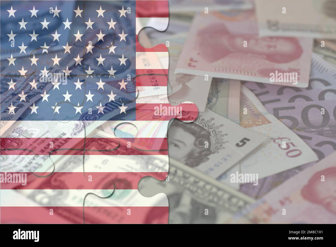 puzzle with the national flag of usa and World Paper Money. Financial ...
