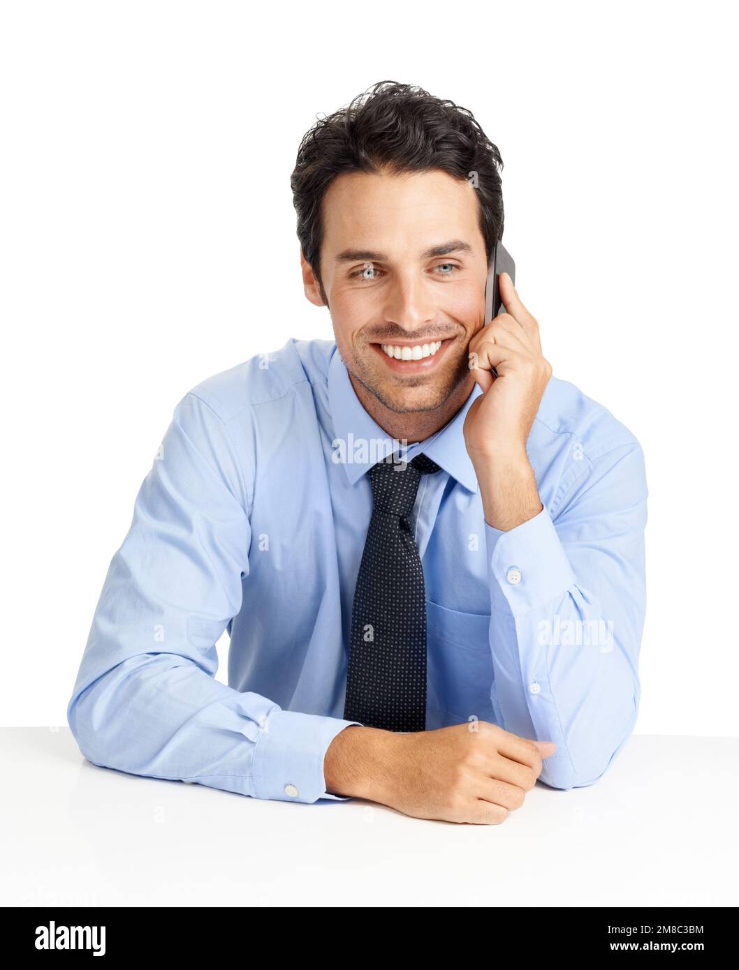 Phone call, happy man and business networking on studio background for