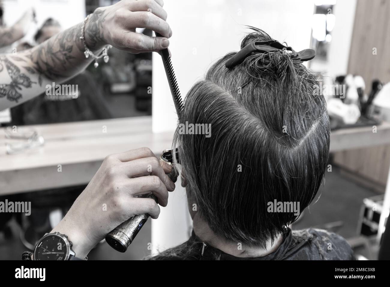 The senior is getting a haircut at the hairdresser's. Black and white photo Stock Photo