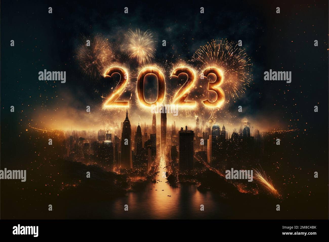 New Year 2023. Urban city landscape with fireworks. Holidays background Stock Photo