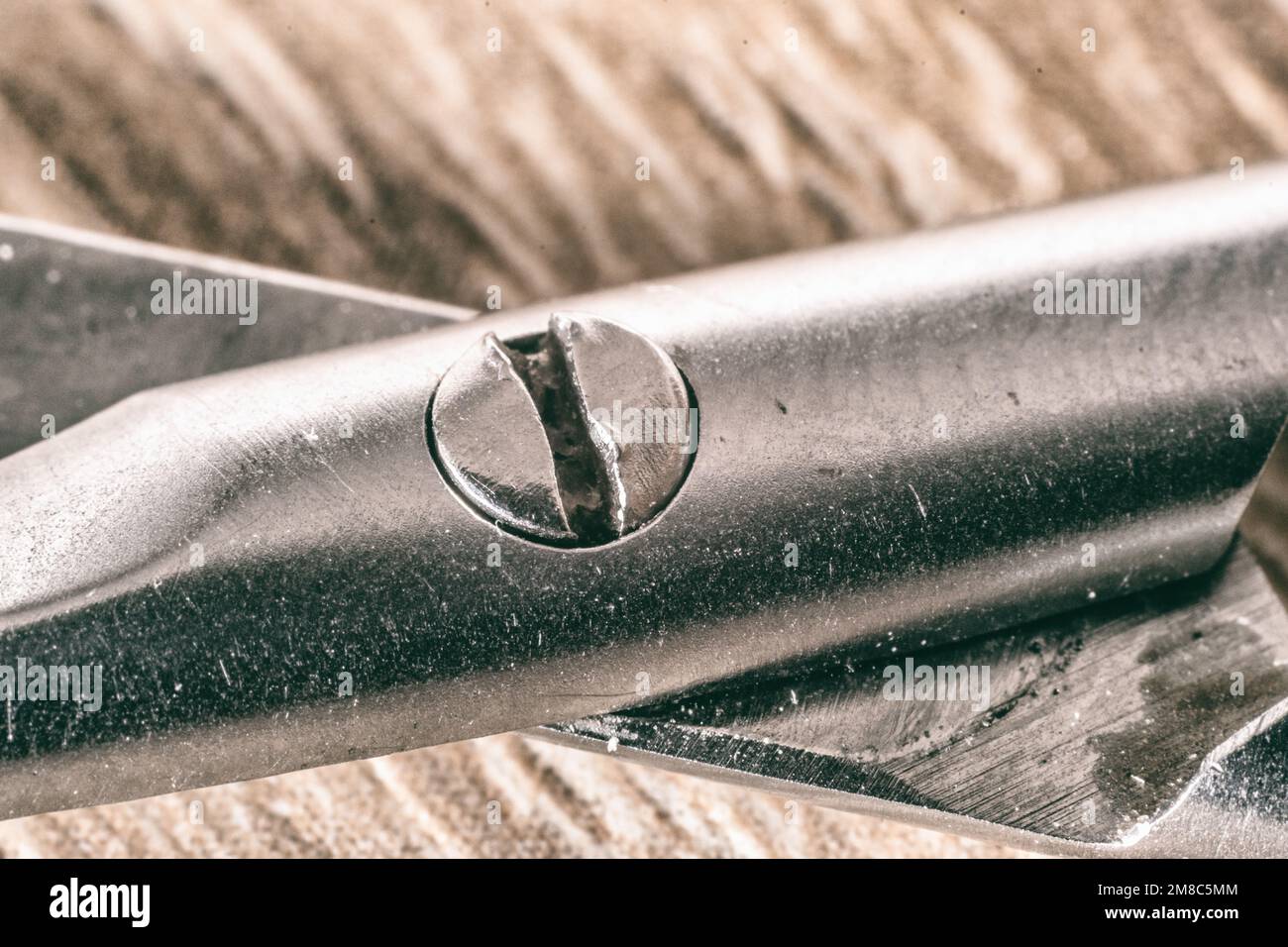Macro shot of the surface of a metal scissor, the screw element holding
