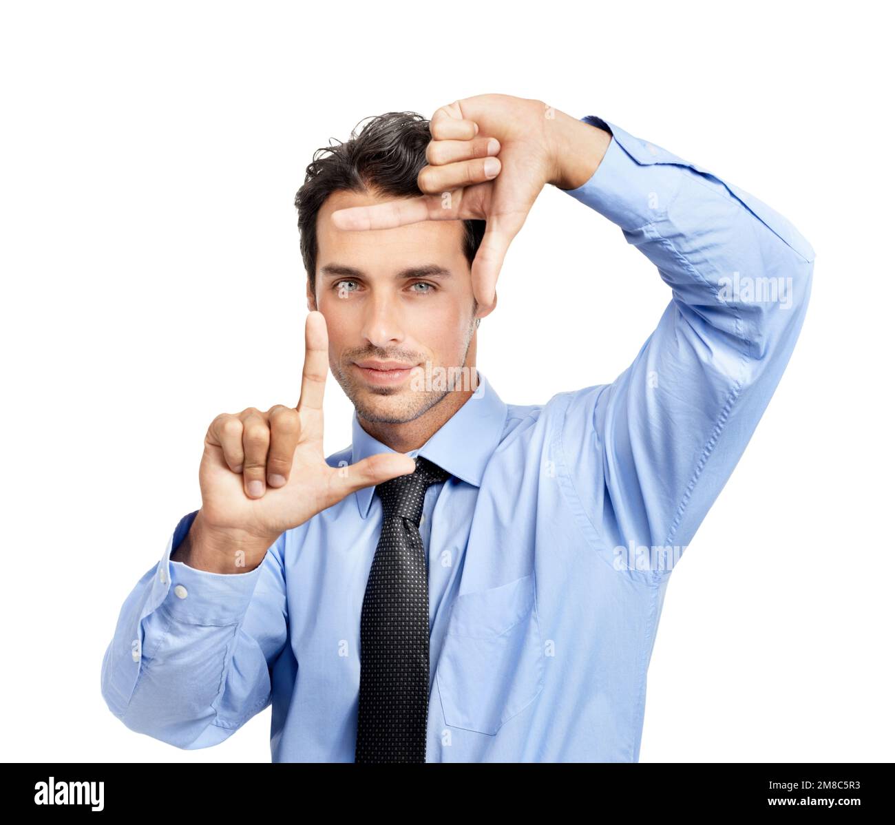  Hands, frame and portrait of business man on studio background for ...